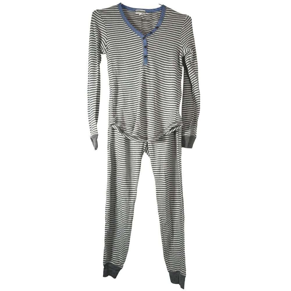 PJ Salvage Womens Gray White Striped Cotton‎ Blend Pajama Set Henley Small